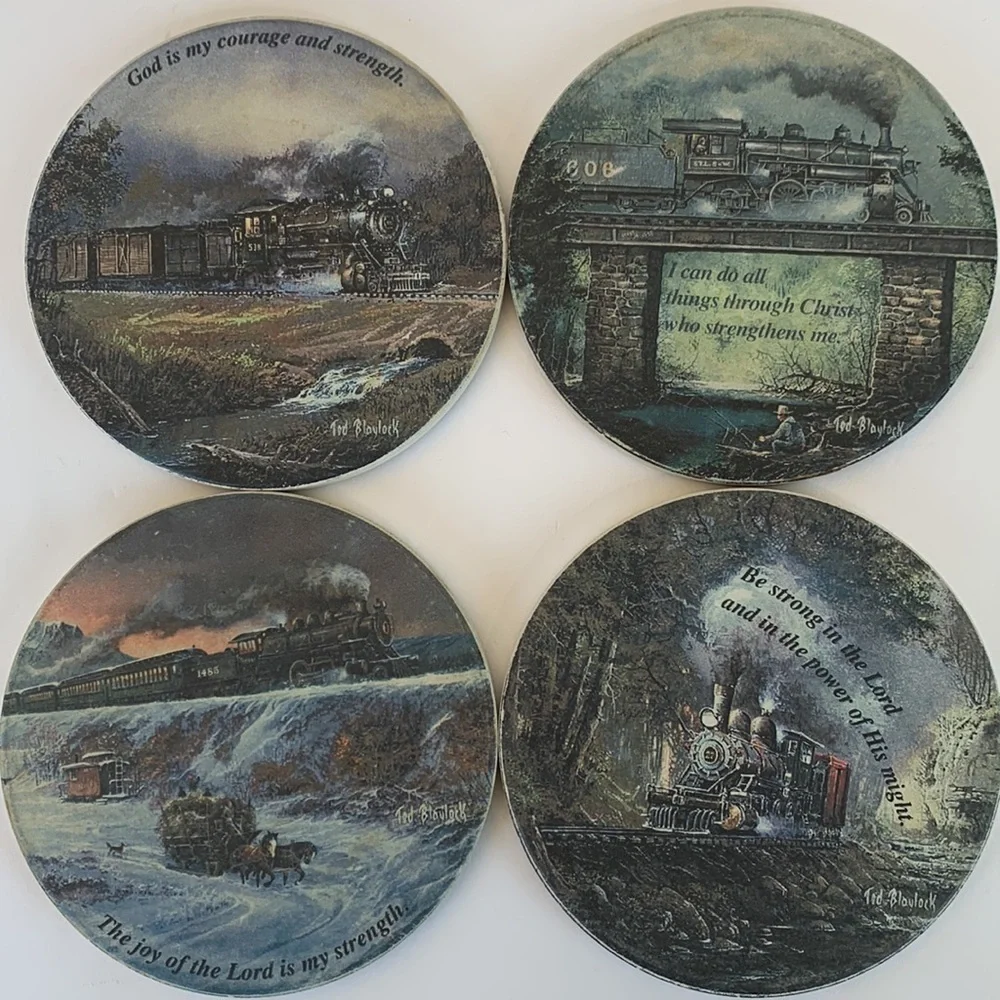 Coasters For‎ Drink Ceramic Ted Blaylock Set of 4 Steam Train Art & Bible Verses